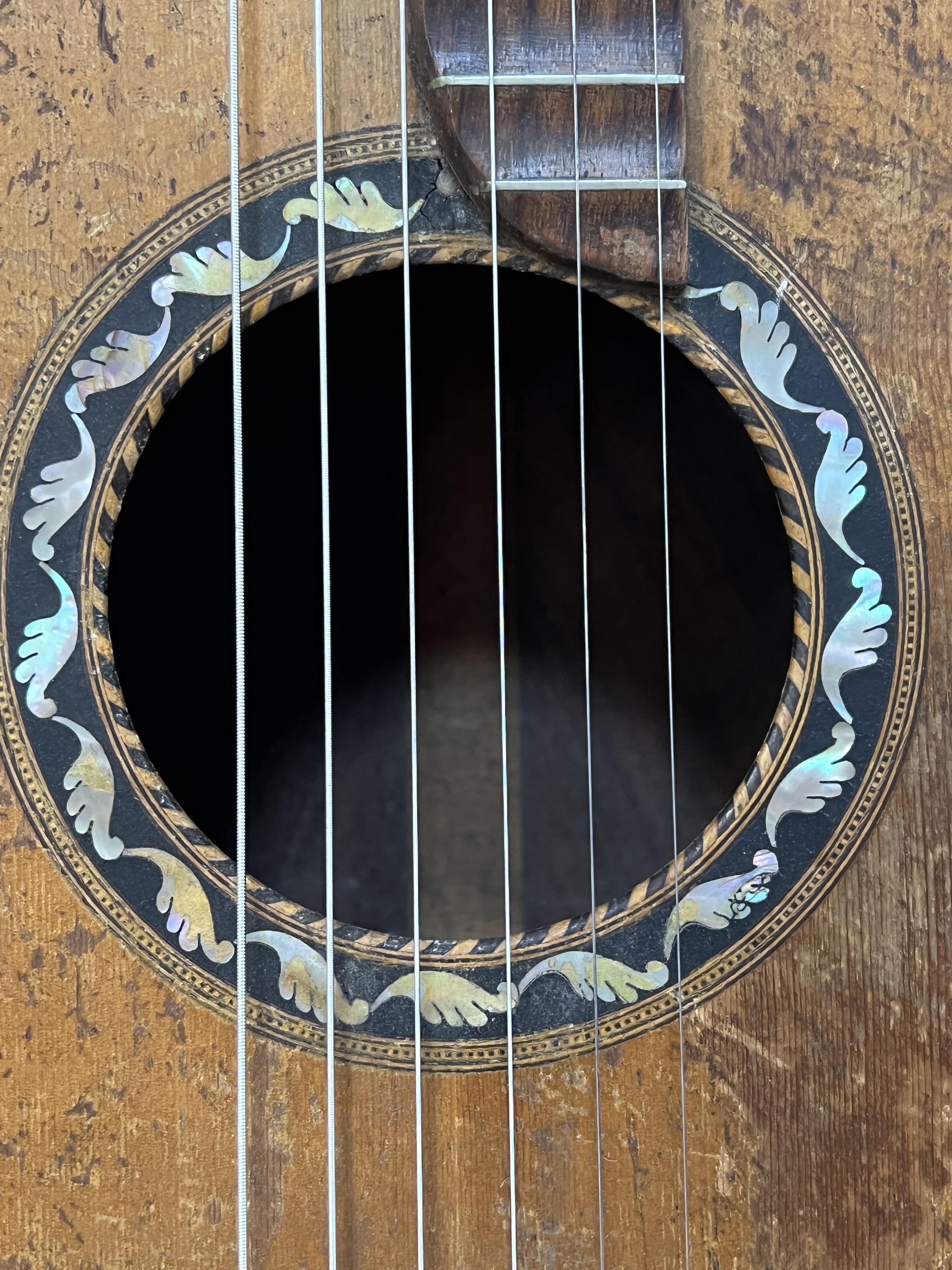 A vintage spruce and rosewood acoustic guitar, the tailpiece marked Dreima, the sound hole with - Image 3 of 6