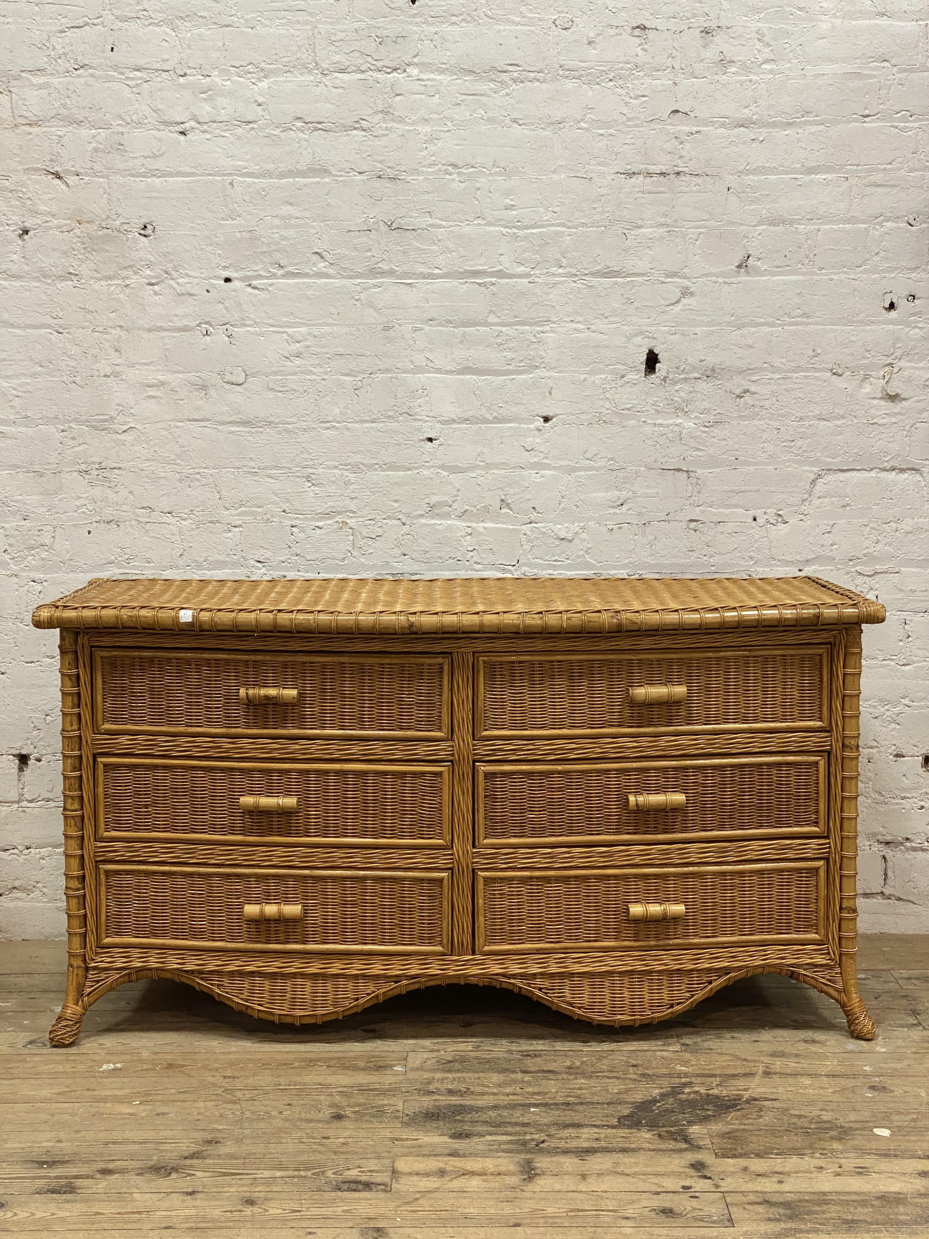 A vintage rattan and bamboo bow front sideboard, fitted with six drawers above a shaped apron and - Image 2 of 2