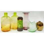 A group of mid-century/modern ceramics and glass comprising two green/yellow bubble glass jars (h-