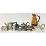 A quantity of metal ware, mostly pewter, comprising a Liberty & Co Tudric pewter teapot (marked