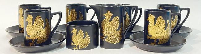 A 1970's Portmeirion Pottery "Phoenix" pattern coffee set decorated comprising six cups, six saucers
