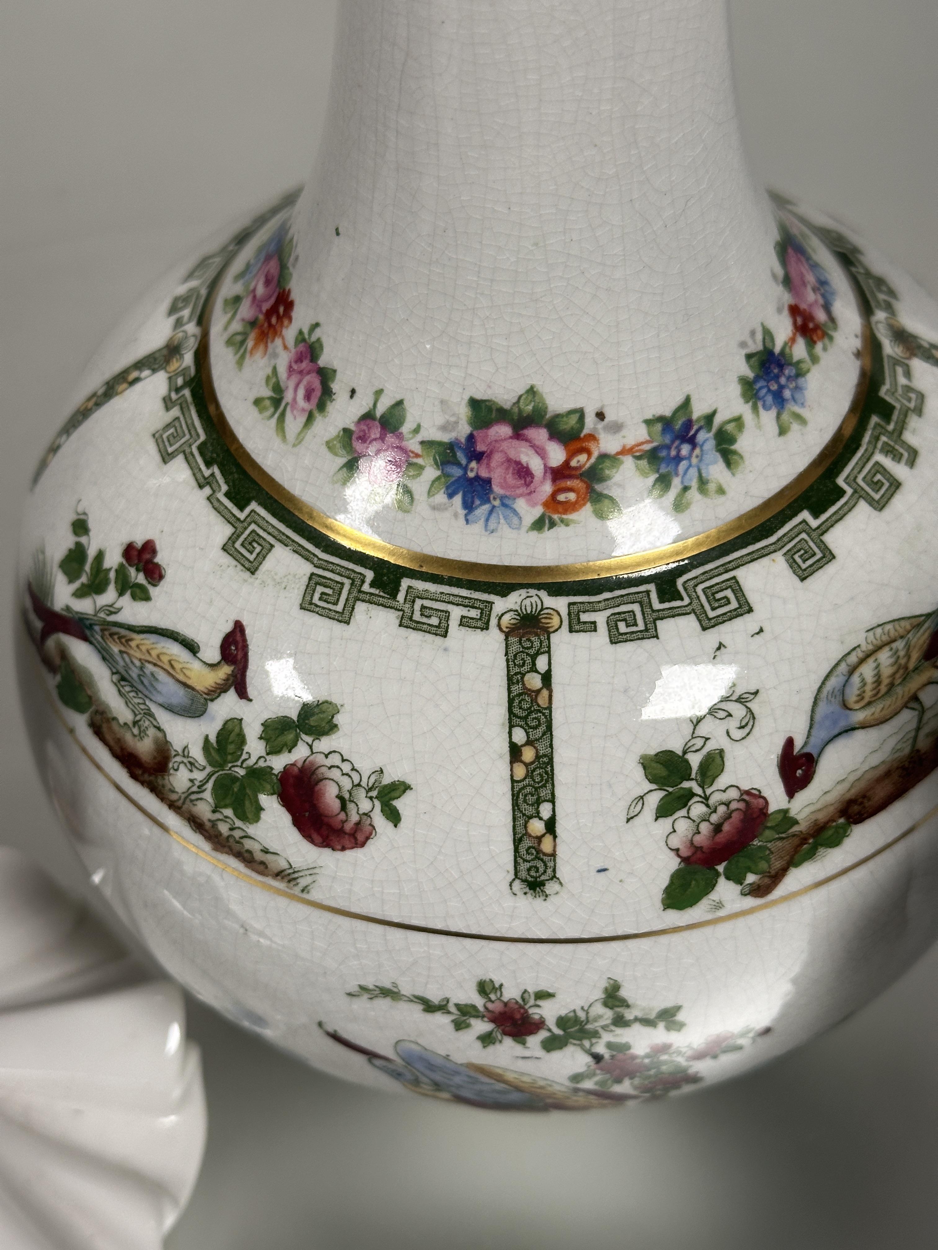 A Edwardian English china bottle neck vase decorated with exotic pheasant and floral transfer - Image 2 of 3