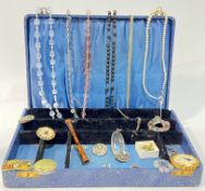 A box of costume jewellery comprising several necklaces (paste glass etc...), a Scottish agate/