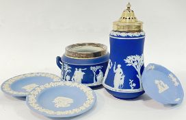 A group of Wedgwood Jasperware comprising an EPNS topped sugar bowl and sugar sifter (h- 17cm)