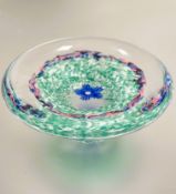 A  Art Glass blue anemone shaped dish with green mottled design with pink and blue border D x 14cm