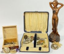 Two boxes of costume jewellery comprising several mid-century brooches, rings, earrings, necklaces