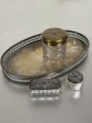 A Epns oval gallery drinks tray L x 32cm, a Edwardian glass brass topped cotton ball container H x