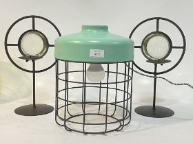 An industrial style lamp base (H31cm) together with a pair of wrought metal candle sticks (H32cm)