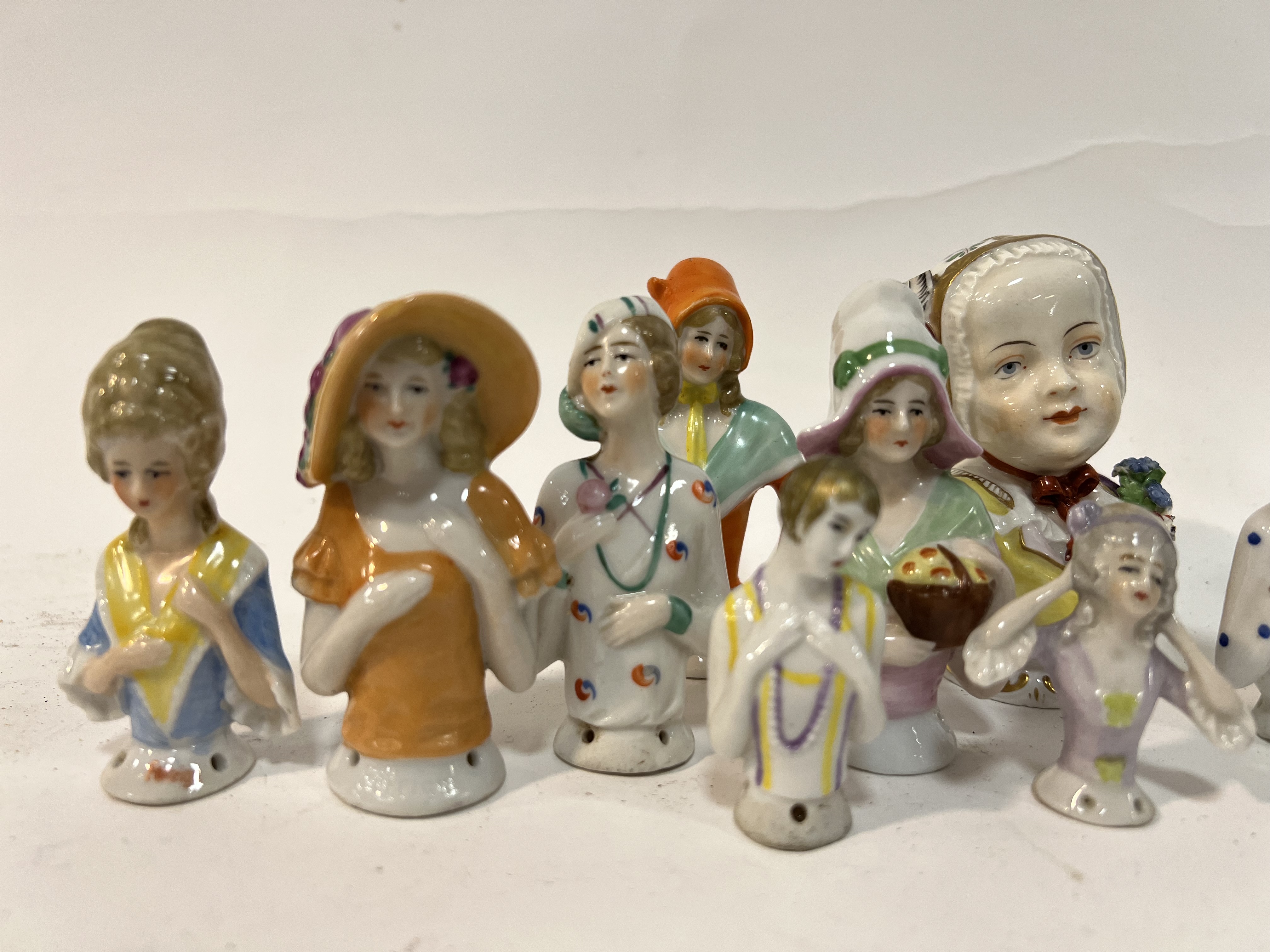 A large quantity of half-doll china lady pin cushions/figures, mostly German, including Art Deco and - Image 4 of 7