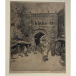 Frank Clinger Scallan (19thc), A City Gateway, Lahore, etching on brown paper, signed and titled