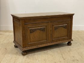 An early 20th century oak coffer, the hinged lid opening to a plain interior, above twin panel front