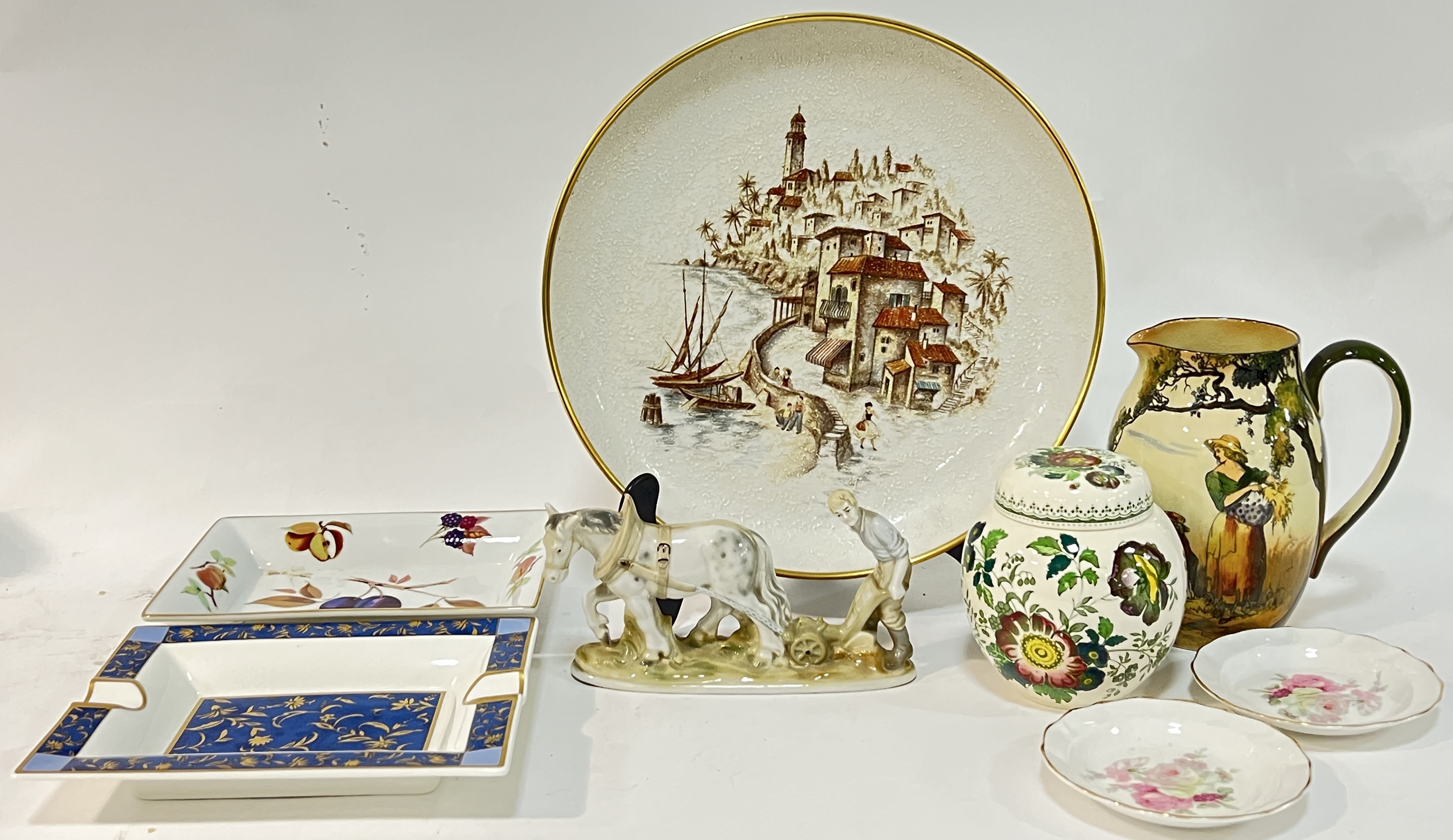 A mixed lot of ceramics comprising a Continental wall plaque with coastal scene (w- 32cm), two