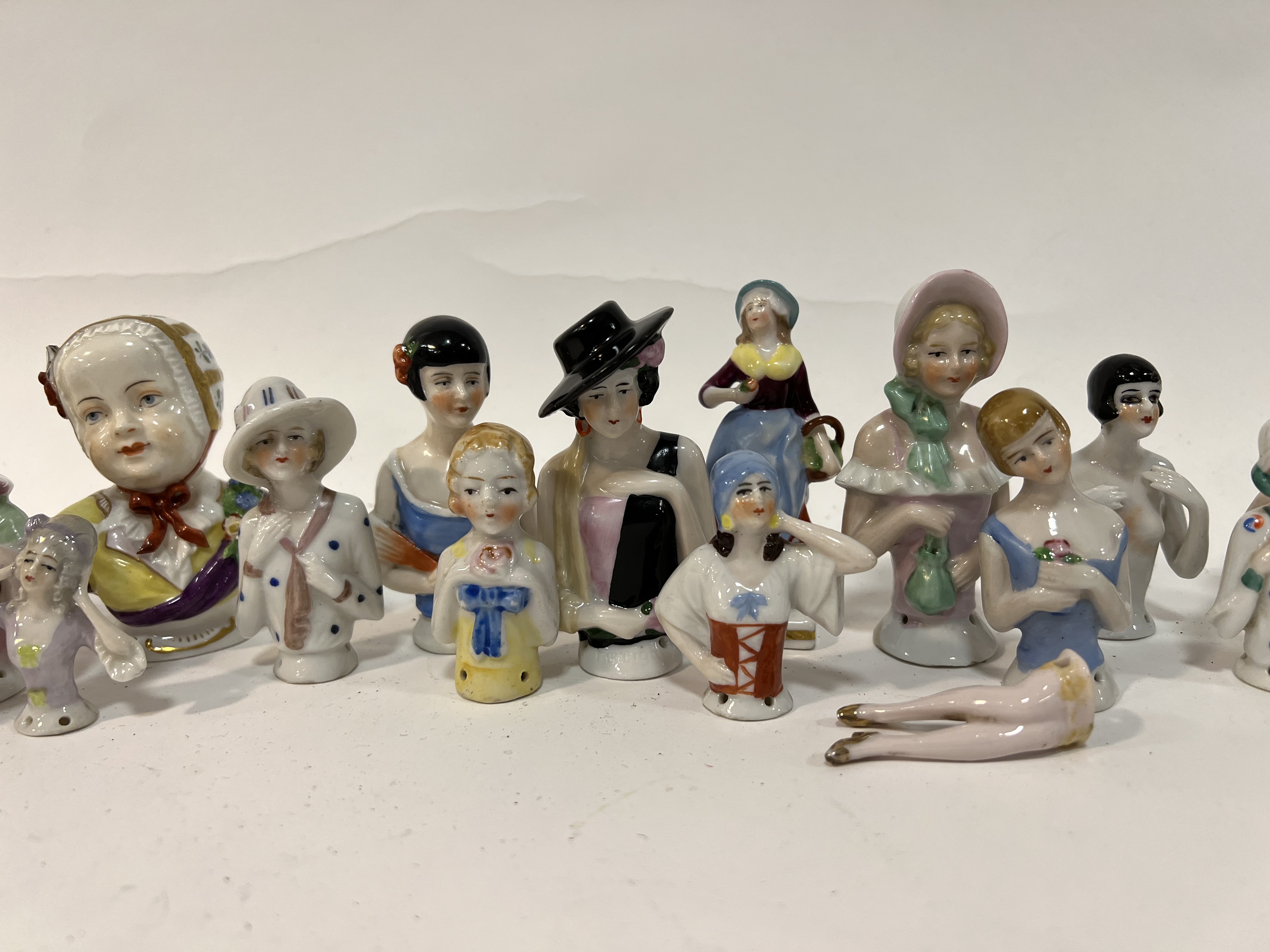 A large quantity of half-doll china lady pin cushions/figures, mostly German, including Art Deco and - Image 3 of 7