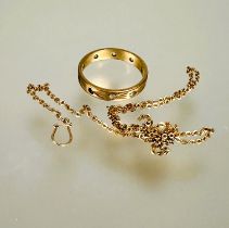 A 9ct gold ring set five clear stones and a Edwardian yellow metal trace link chain section with