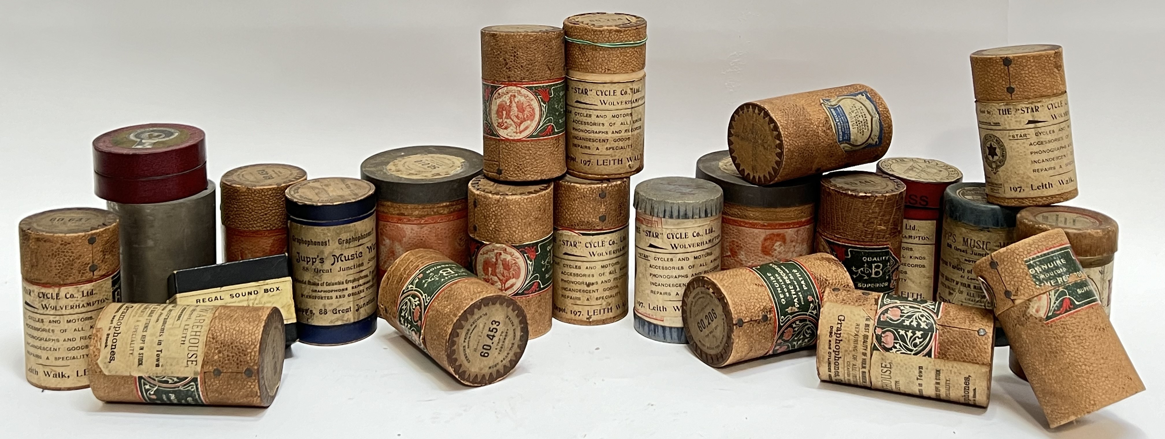 A Quantity of vintage wax gramophone cylinders  with original casing including several Leith Star