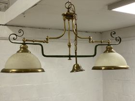 A gilt brass and wrought iron billiard table twin pendent light fitting, cast makers name '