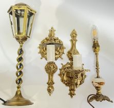 A pair of Baroque style brass wall sconces, a brass table light modelled as a street lamp (h- 46cm),