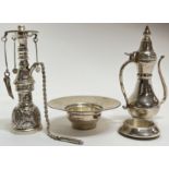 A group of Egyptian silver marked items comprising a miniature model hookah, and an Arabian style