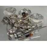 A large collection of Epns to include part sets of flatware, three pierced cake stands, two table