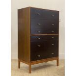 Stag, a vintage walnut and mahogany chest, fitted with six drawers and raised on square section