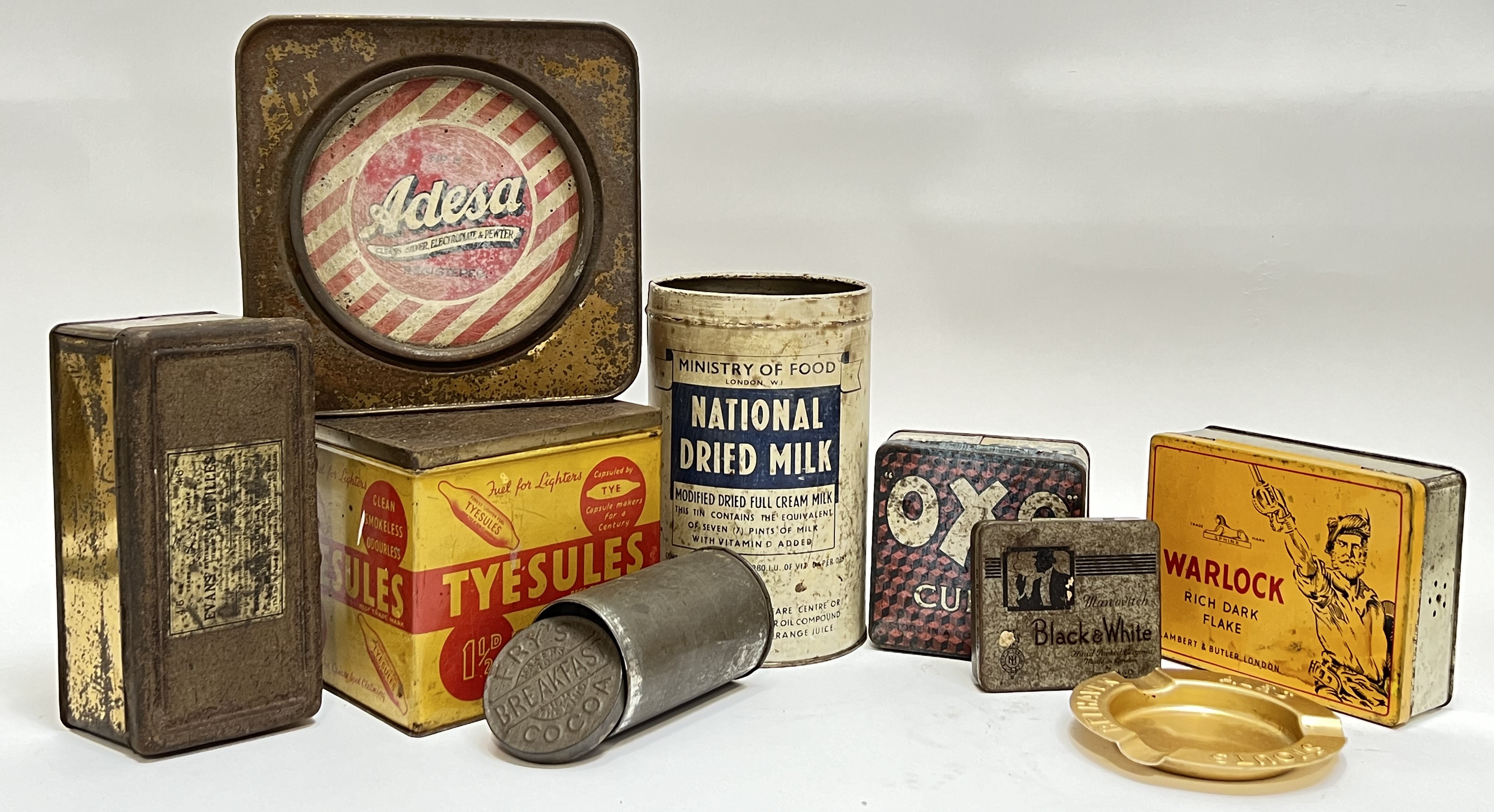 A group of vintage confectionary and other tins comprising Fry's breakfast cocoa, OXO, Warlock