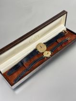 A Vintage ladys and gents matching Gucci gilt metal quartz wrist watches  with gilt dials D x 2cm