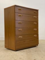 Schreiber, a mid century teak veneered chest fitted with five drawers. H93cm, W75cm, D44cm.