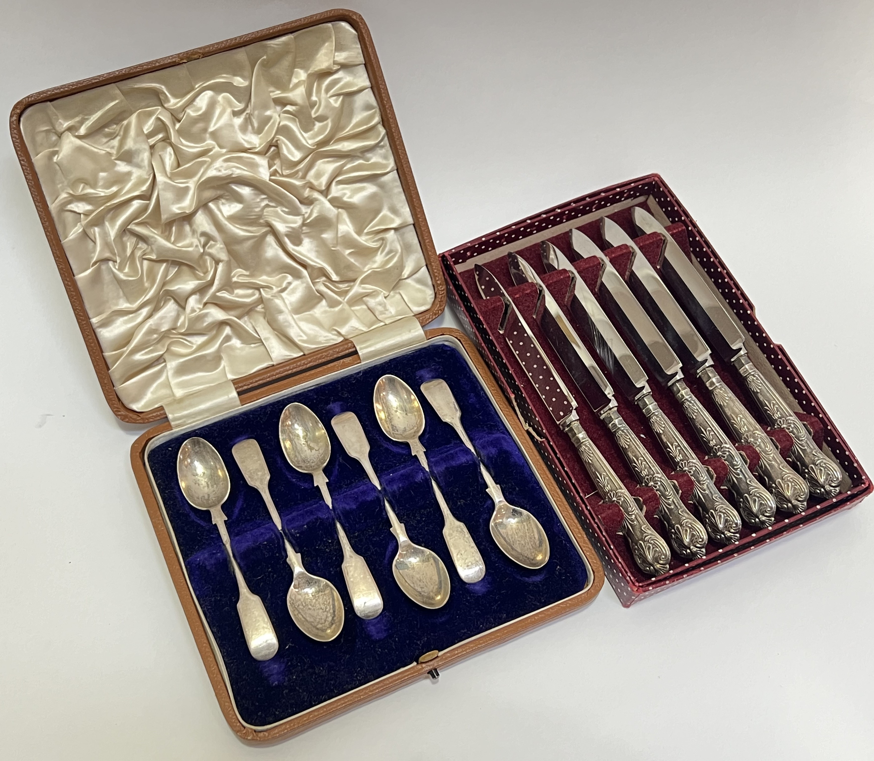 A set of six Sheffield hallmarked silver teaspoons (Joseph Rodgers and Sons), together with a set of