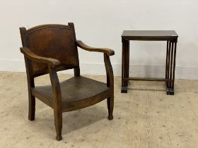 A vintage stained wood nest of three tables, together with a 1930's oak elbow chair (2)