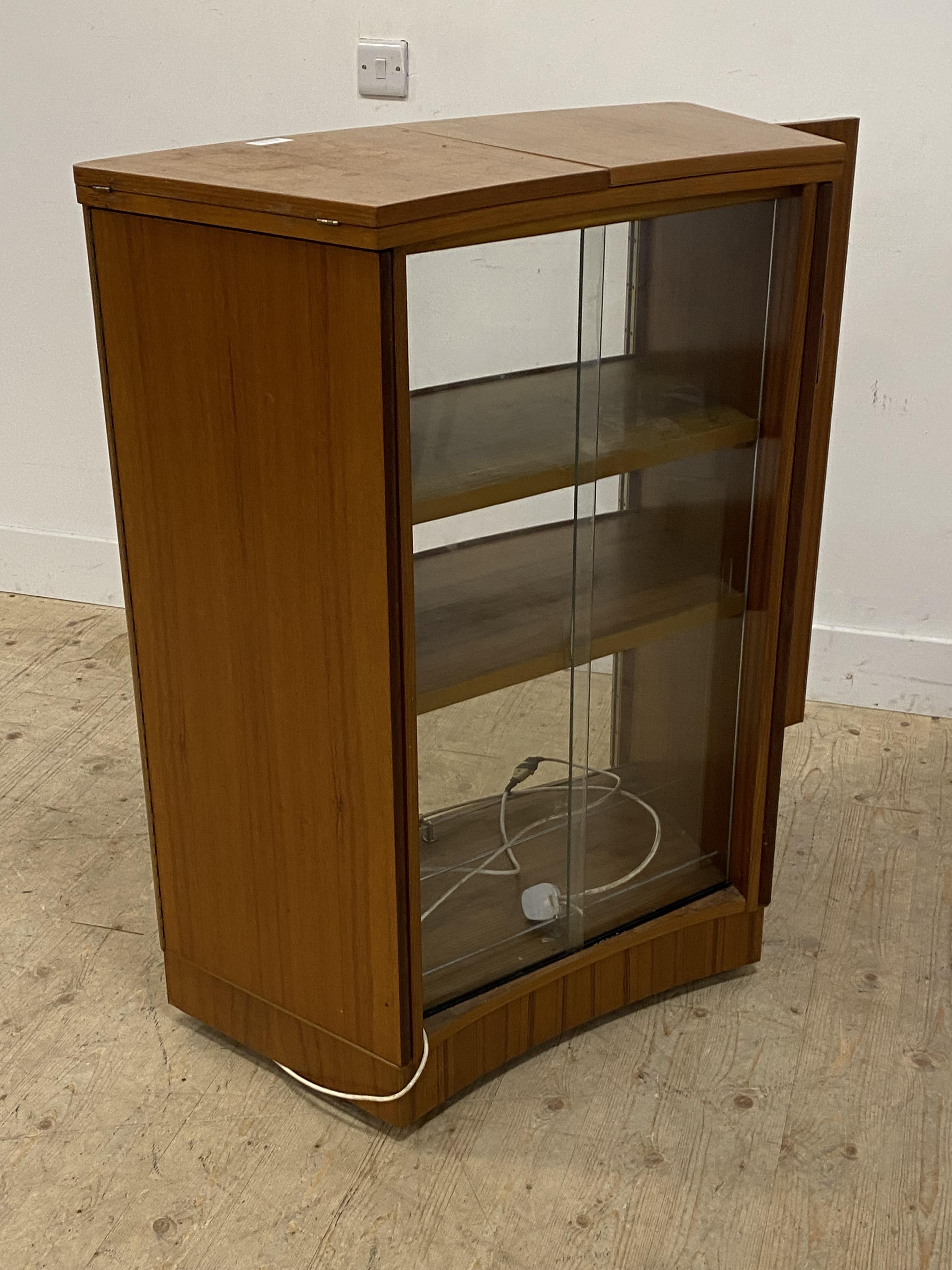 A mid century teak bow front cocktail cabinet / drinks bar, the top with fold over top to each side, - Image 3 of 3