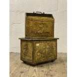 An early 20th century hammered brass coal box decorated with nautical scenes (W45cm) together with a