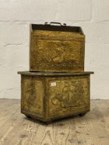 An early 20th century hammered brass coal box decorated with nautical scenes (W45cm) together with a