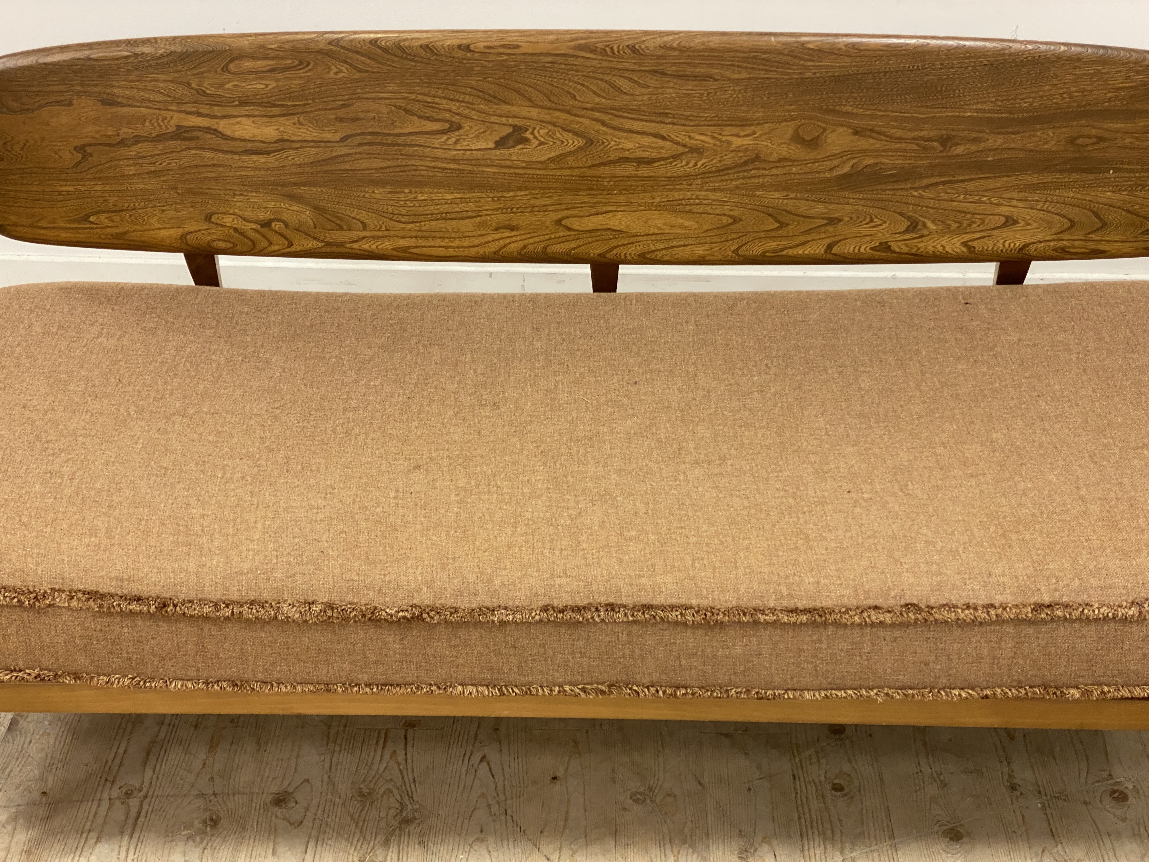 Ecol, a light elm and beech 'Surfboard' sofa, panel back above hoop and spindle arms, the squab - Image 4 of 5