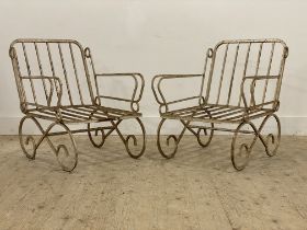 A set of six vintage garden armchairs, white painted box section frame and raised on scrolled