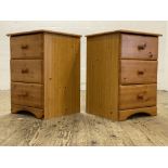 A pair of polished pine three drawer bedside chests. H70cm, W49cm, D45cm.