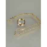 A 9ct gold wedding band U 3.75g and a 9ct gold rope pattern necklace a/f 20cm 2.24g (2)