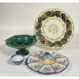 A collection of decorative items comprising, a Majolica style twin handles green glazed fruit bowl