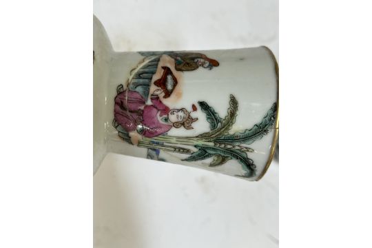 A pair of late Qing Dynasty/Republic period Chinese porcelain vases each decorated in polychrome - Image 2 of 2