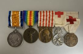 WWI group of five French Red Cross British war medal, N.COWELL FRENCH Victory medal, commemorative