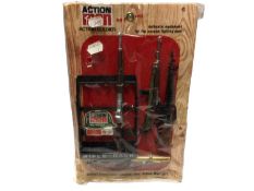 Palitoy Action Man early Rifle Rack No.34265 & Camoflage Helmet, on wood frame card with cellophane
