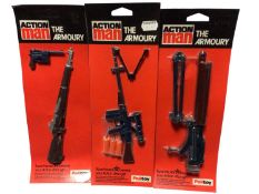 Palitoy Action Man The Armoury assorted weapons, on punched vacuum pack cards (3)