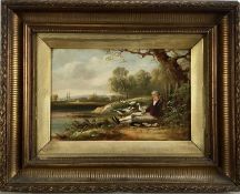 Oil on canvas of a gentleman resting against a tree, signed lower left (possibly Henry Harris), 20cm