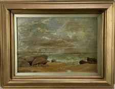 ? F Waters, oil on board - The Wreck, 26cm x 37cm, behind glass in gilt frame