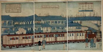 Utagana Hiroshige III, Japanese woodblock triptych - A Station, possibly Yokohama, circa 1870, not l