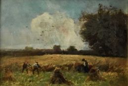 Late 19th/Early 20th Century oil on canvas, Harvesting, 17cm x 24cm, framed
