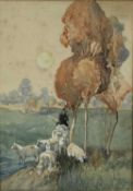 Jaques Browne, early 20th century watercolour - Shepherd and Flock in a Lane, signed and dated '16,
