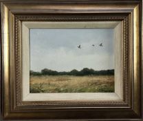 T Lukkien, pair of oils, Pigeon in flight and Deer near woodland, signed, both15cm x 20cm in gilt fr
