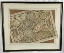 John Speede hand coloured engraved map of Cumberland, 41cm x 53cm in glazed frame