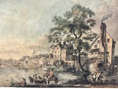 English School, late 18th century, watercolour - Bustling river scene with industrial buildings, 31