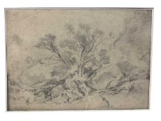 Manner of David Cox (1783-1859) pencil, landscape with tree and rocks, 34 x 47cm, mounted but unfram